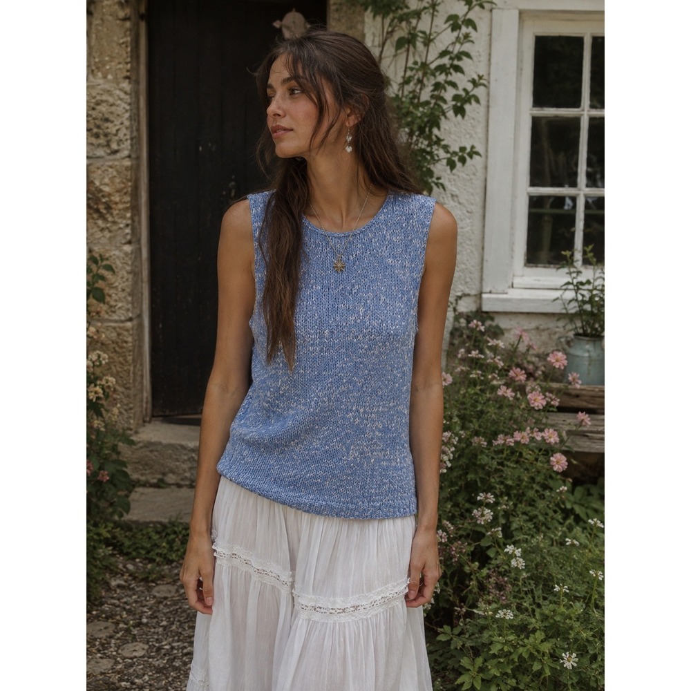 90s Linden Hill Knit Sweater Tank Women L Blue White Marled Coastal Cottage Boho
